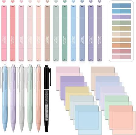 Pastel highlighters, pens, sticky notes, and index tabs