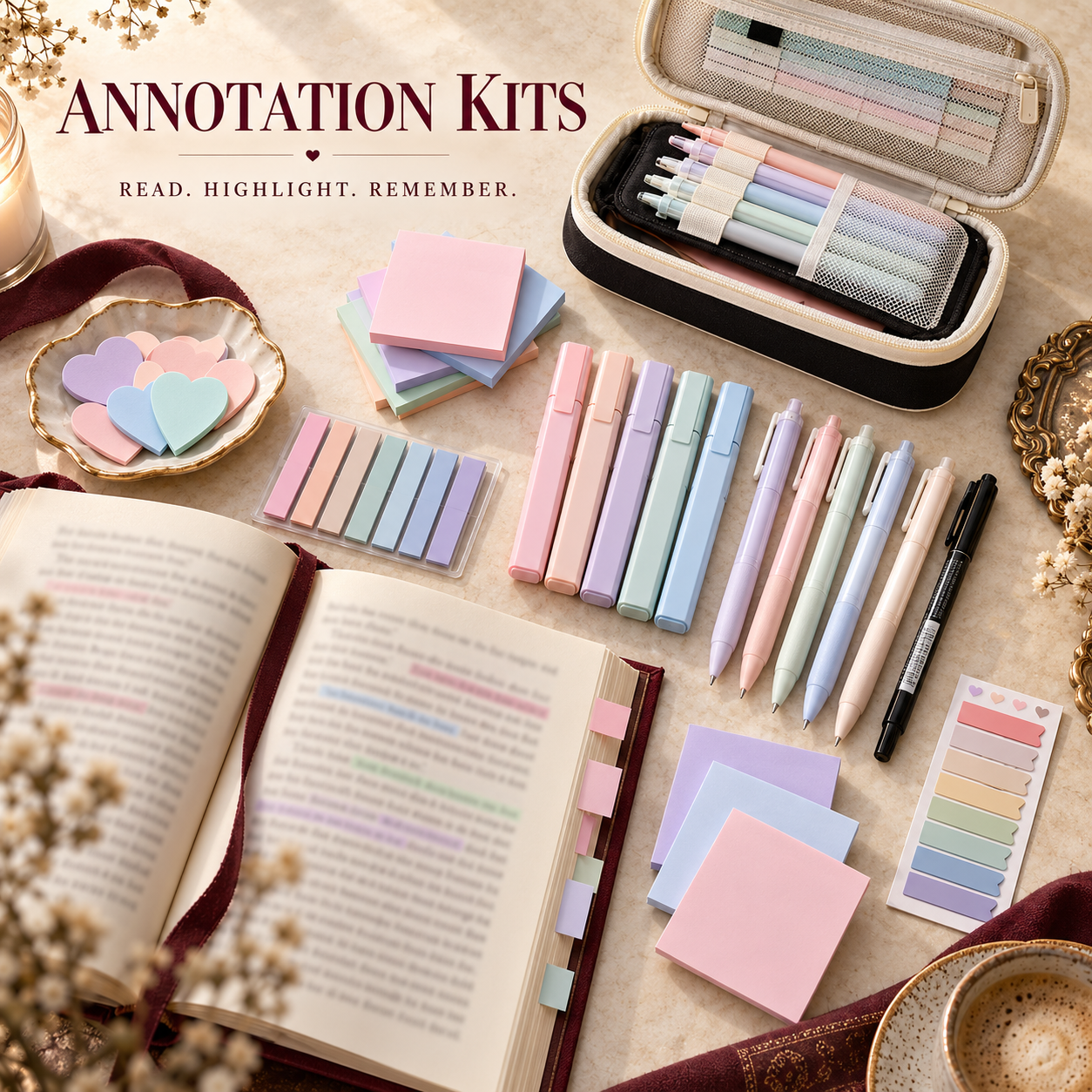 Pastel annotation kit with sticky notes, highlighters, gel pens, index tabs, and a zippered case beside an open book
