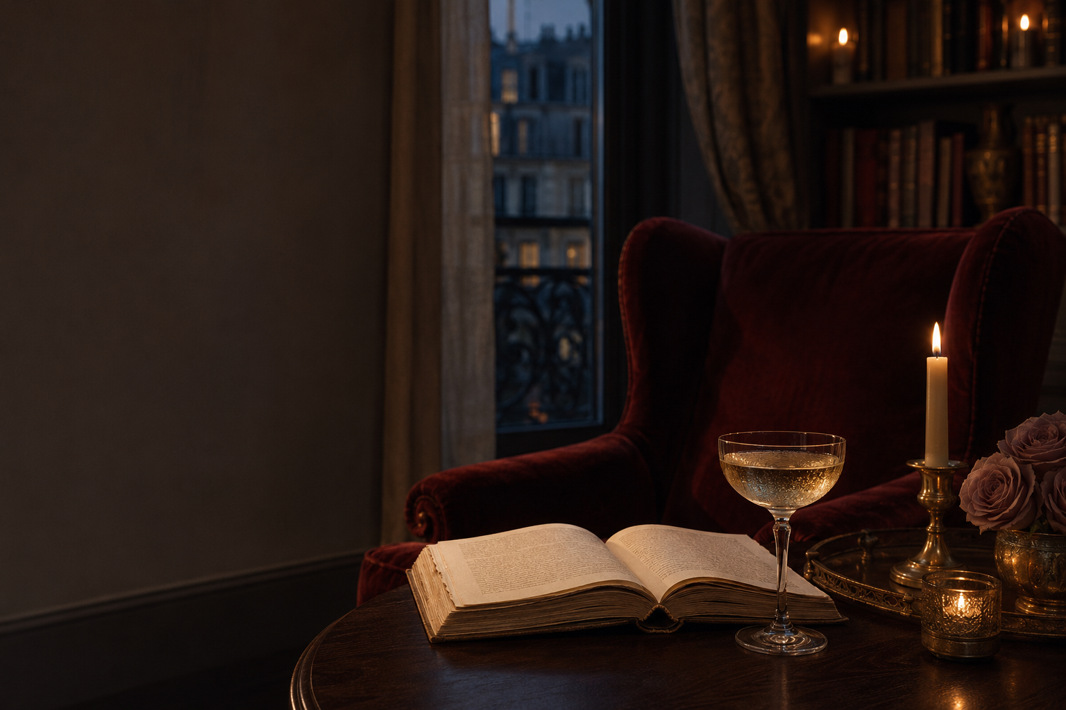 An open novel beside champagne in a moody reading salon