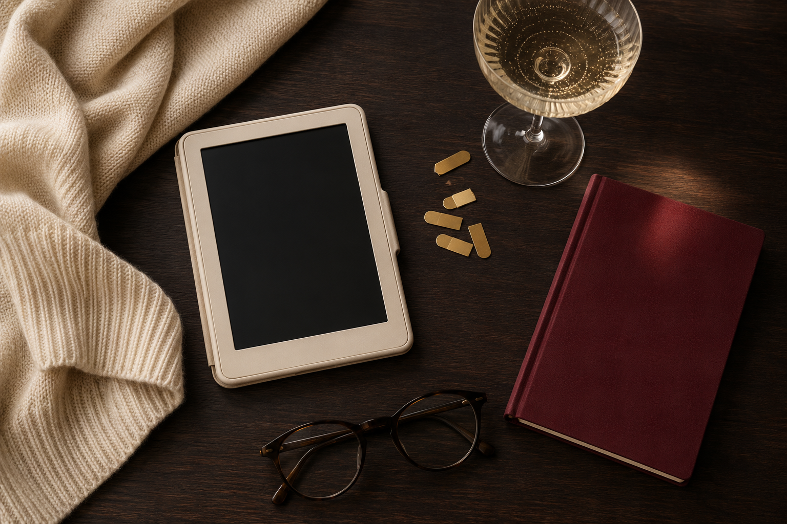 An elegant flat lay of reading accessories in cream and Bordeaux