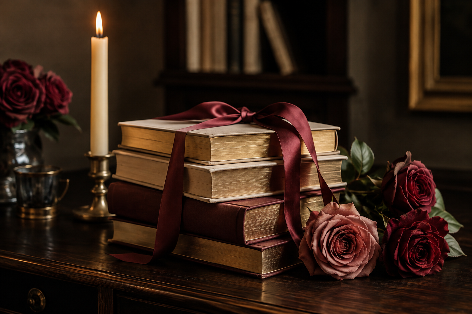 A stack of fantasy romance books with a burgundy ribbon and candle